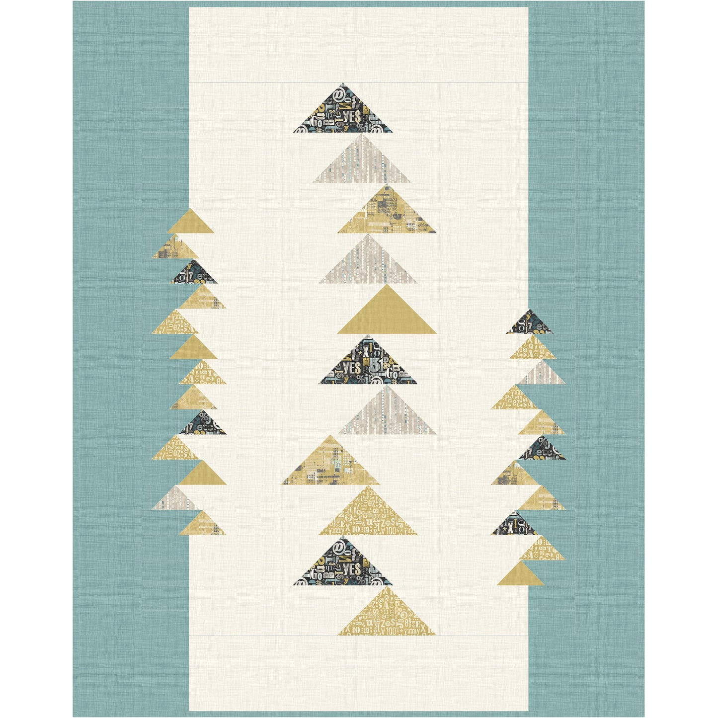 A quilt with colorful triangles with background of cream in the middle and blue on right and left.