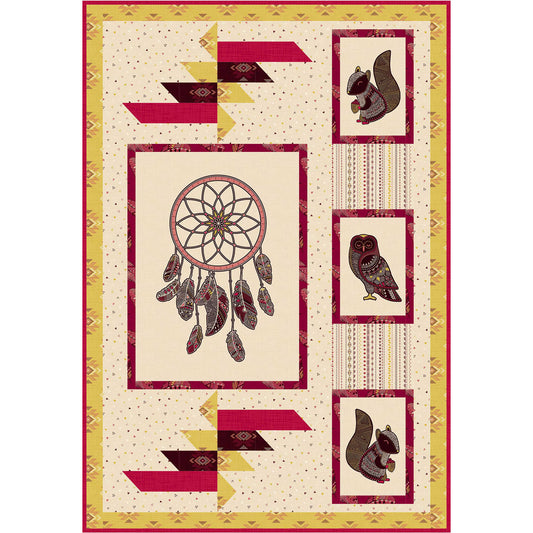 Quilt with Native American or Western feel with dream catch and three animals in bocks with red borders. Few stripes of color at top and bottom of dream catcher.