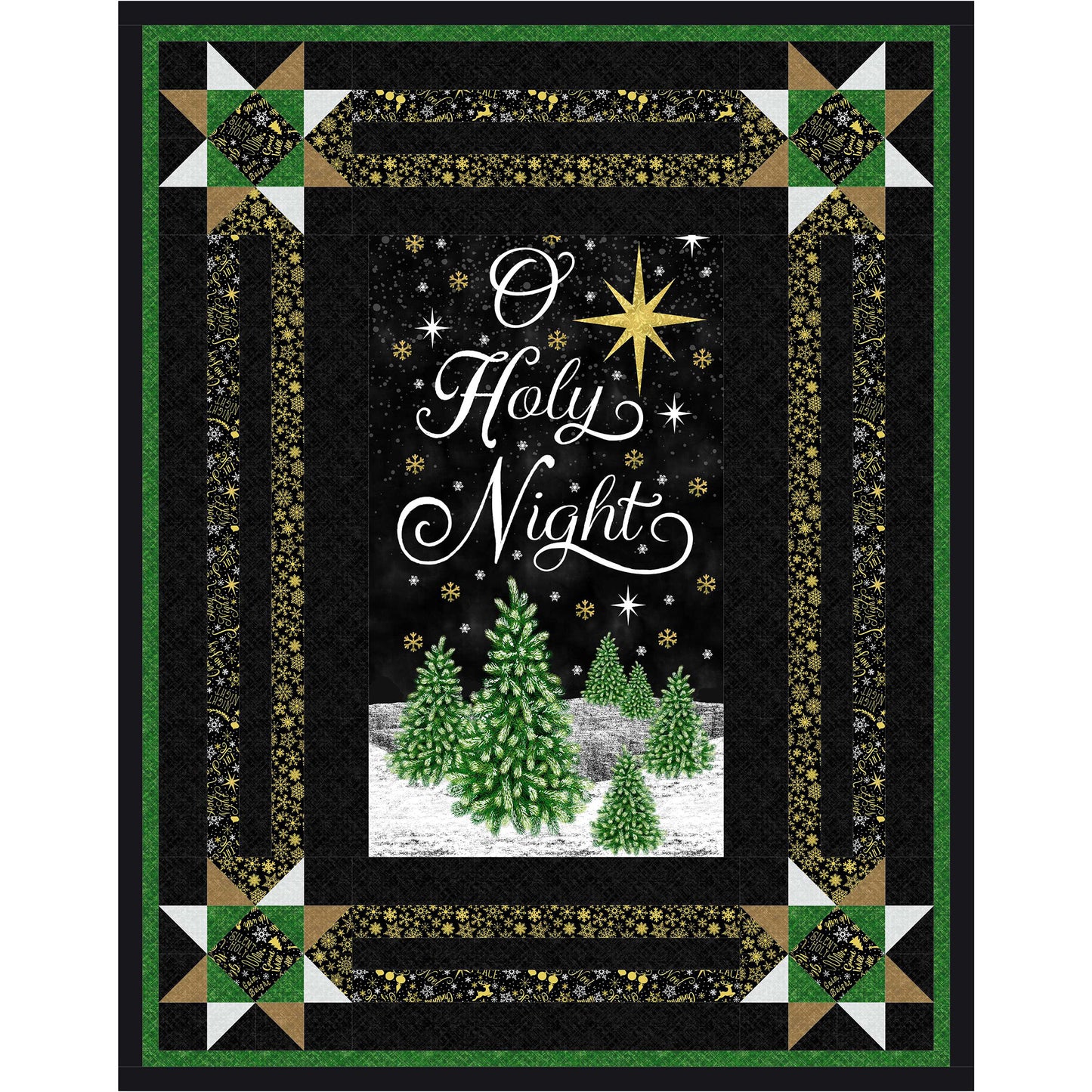 Christmas quilt featuring trees and the words "Holy Night" in festive colors with a pretty border with stars at the corners.