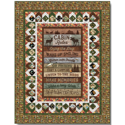 Quilt featuring cabin, camp, and deer motifs, showcasing rustic charm and outdoor vibes with cabin rules listed as "Enjoy the day, wake up smiling, gather with family, go fishing, start a campfire, listen to the birds, make memories, take a long walk, sleep under the stars".