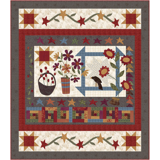 Beautiful quilt featuring colorful flowers and birds, perfect for adding a touch of nature to any room. Fun quilty feel, too, with quilt elements like Ohio Star blocks.