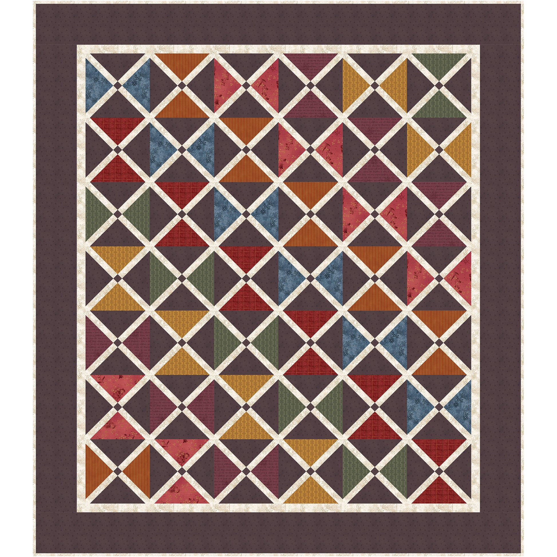 Colorful geometric quilt has an elegant or masculine feel.