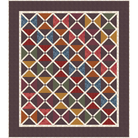 Colorful geometric quilt has an elegant or masculine feel.