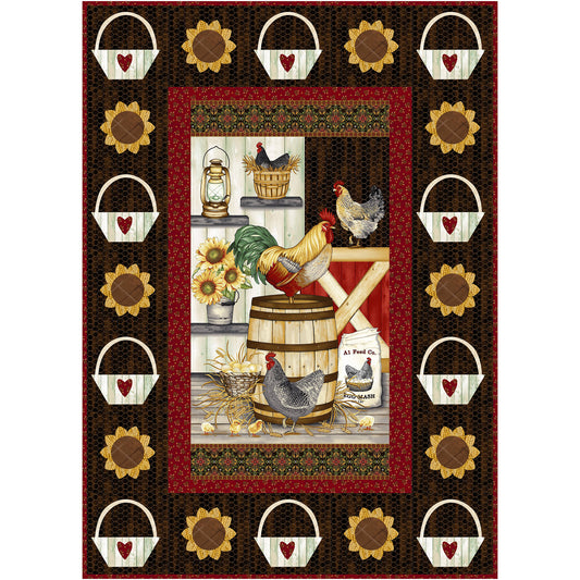 A colorful quilt adorned with charming chickens and vibrant sunflowers, adding warmth and beauty to any space.