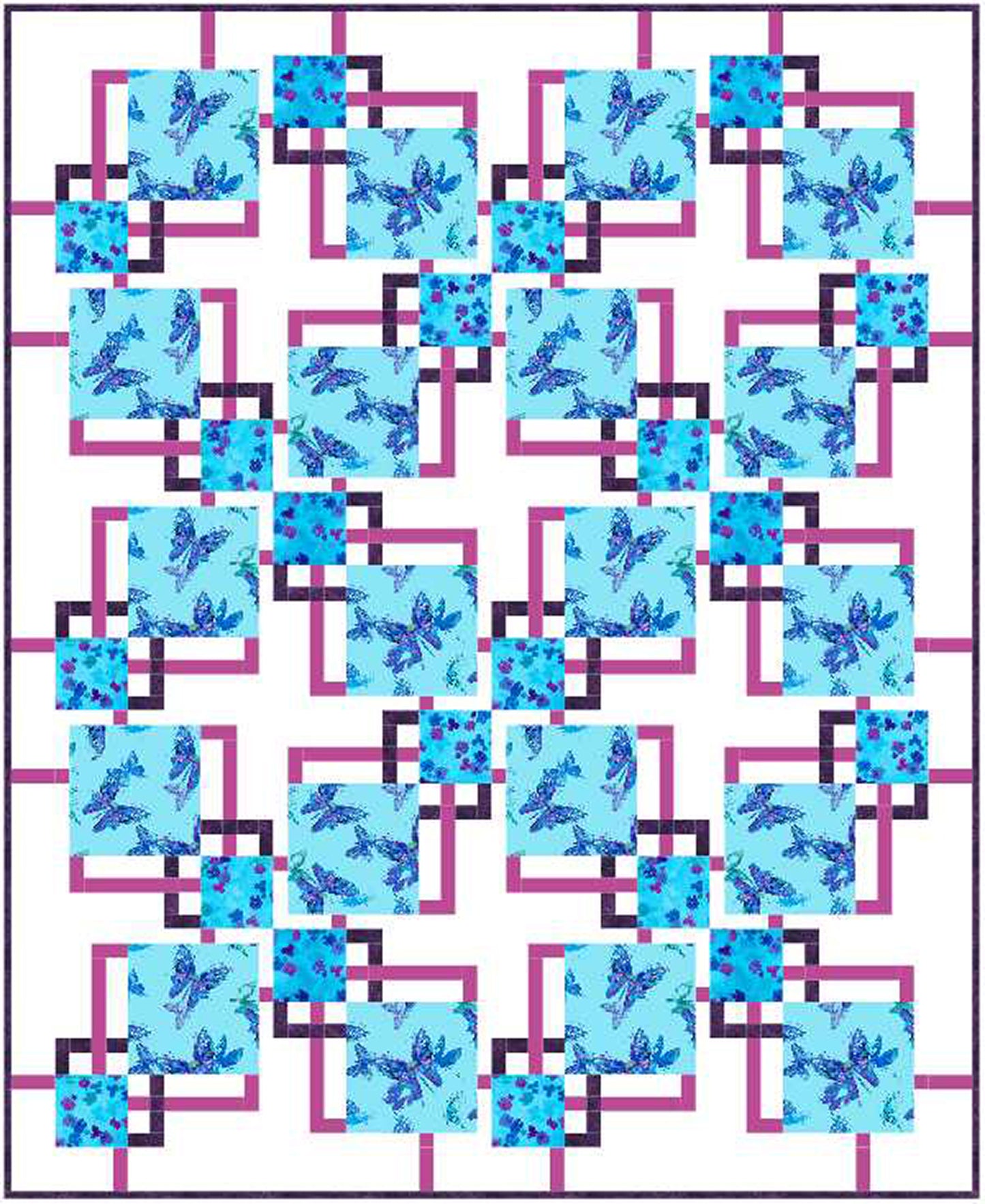 Pieced quilt pattern that features two focus prints and two accent colors in a modern setting. Instructions for five size options.