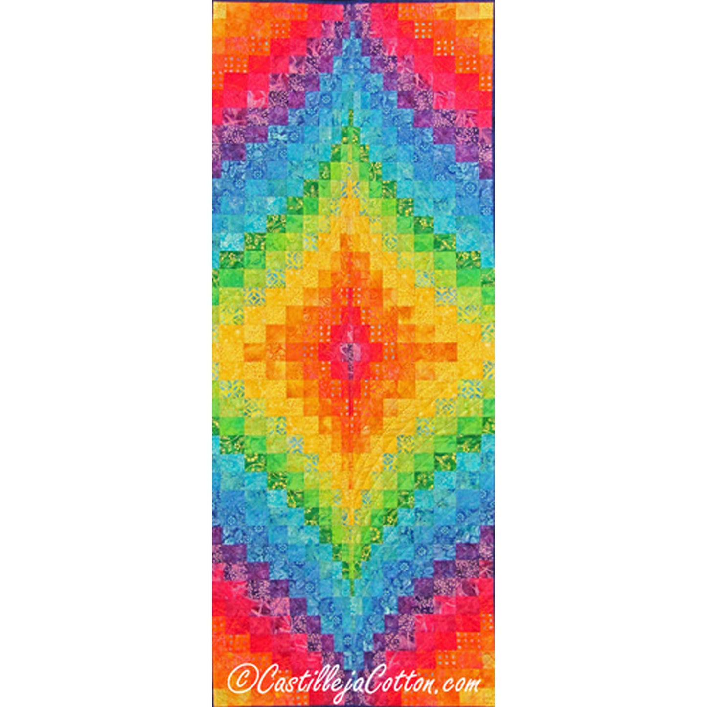 Colorful rainbow quilted table runner or wall hanging with a central star or Bargello design.