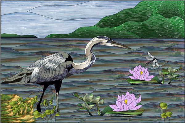 Heron Gone Fishin' Stained Glass PES-115Se - Downloadable Pattern