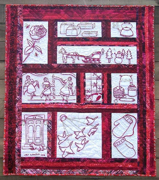 My Favorite Mystery Redwork Embroidered Wall Hanging JL-107e - Downloadable Pattern